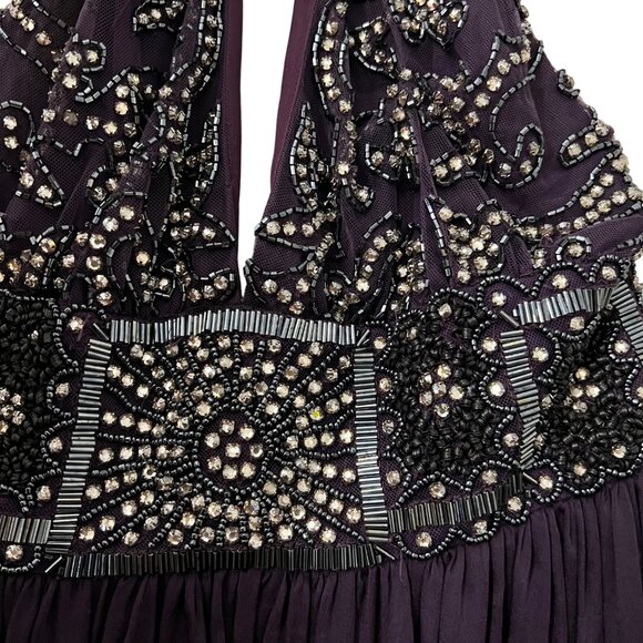 Reem Acra Womens Purple Beaded Sequin Silk Halter Evening Prom Formal Gown 10 - Picture 2 of 7